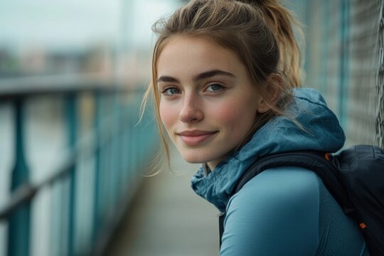 Young lady athlete leaning on knees and having break before a run on walkway bridge, looking away and smiling, Generative AI