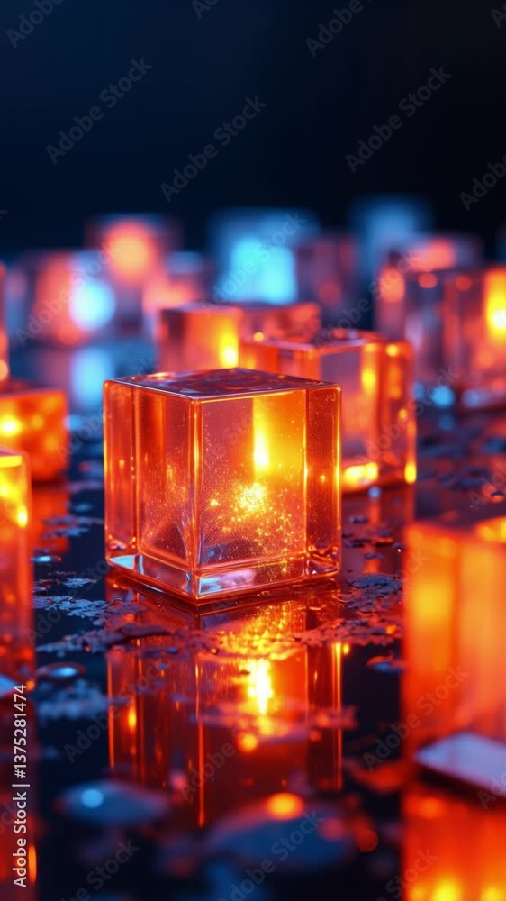 Poster Glowing Transparent Cubes Reflecting Warm Light in a Dark Setting, Creating an Intriguing Abstract Visual Composition