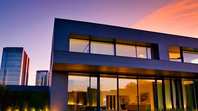Modern luxury real estate exterior with sleek design, glass walls, and a beautifully landscaped yard, featuring vibrant sunset lighting and a contemporary urban skyline in the background
