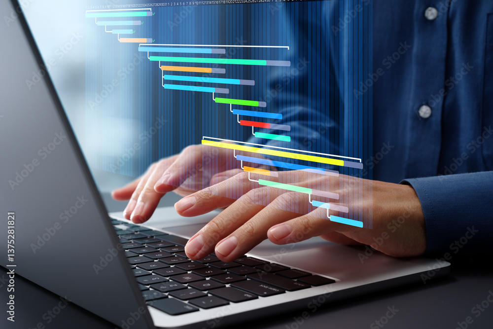 Poster Project management and task scheduling. Timeline and project tracking. Businessman using laptop computer for managing projects and tasks.