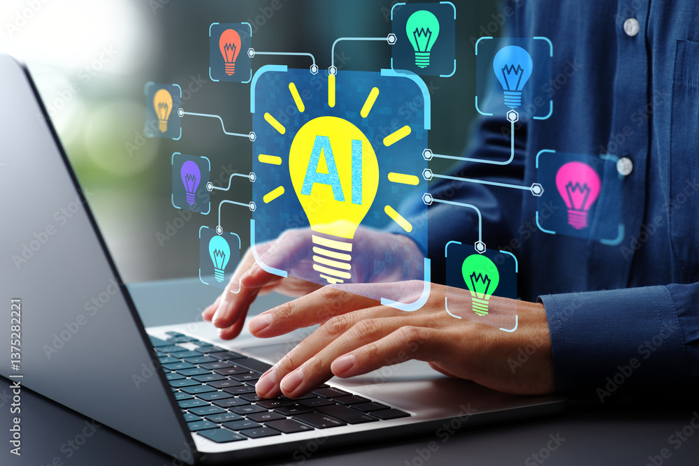 Poster AI-powered brainstorming. Artificial intelligence generating ideas. Intelligent automation and collaboration. Businessman using laptop computer to create ideas and solutions.