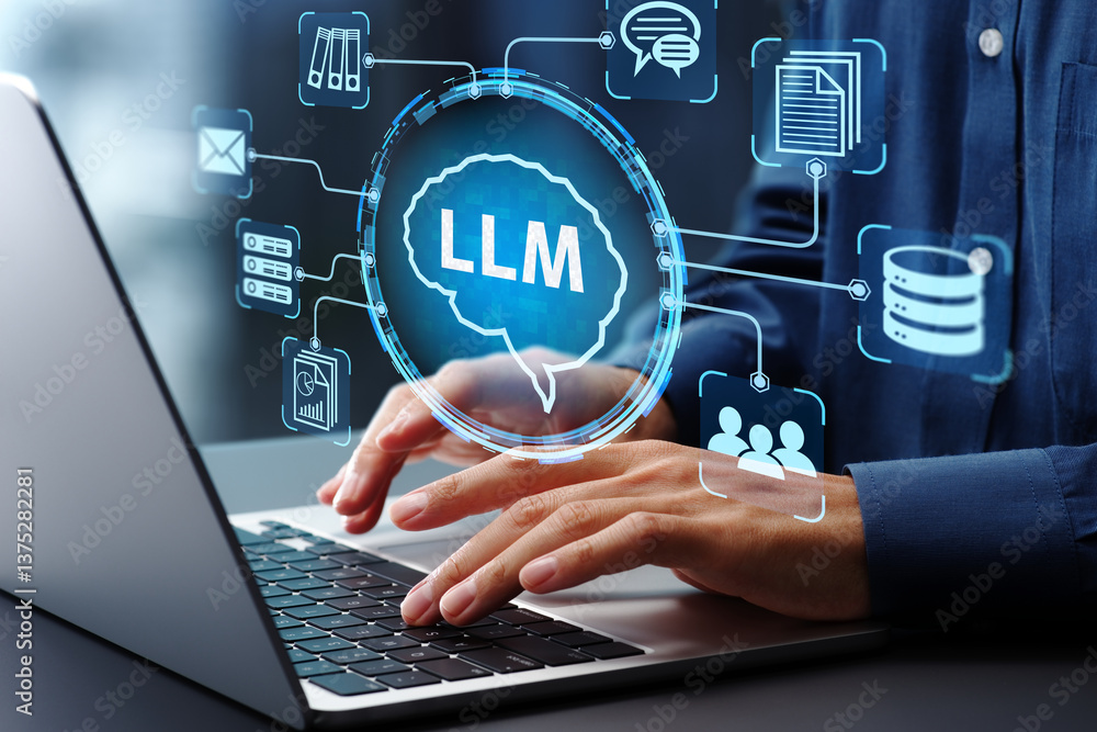 Poster LLM large language model and custom AI solutions. Artificial intelligence driven automation technology. Businessman using laptop computer for training and instructing AI.