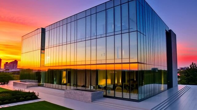 Modern luxury real estate exterior with sleek design, glass walls, and a beautifully landscaped yard, featuring vibrant sunset lighting and a contemporary urban skyline in the background