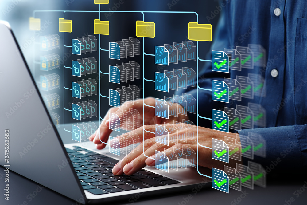 Poster Document management system DMS. Folder structure and classification system. File and folder icons. Businessman using laptop computer for controlling document versions.
