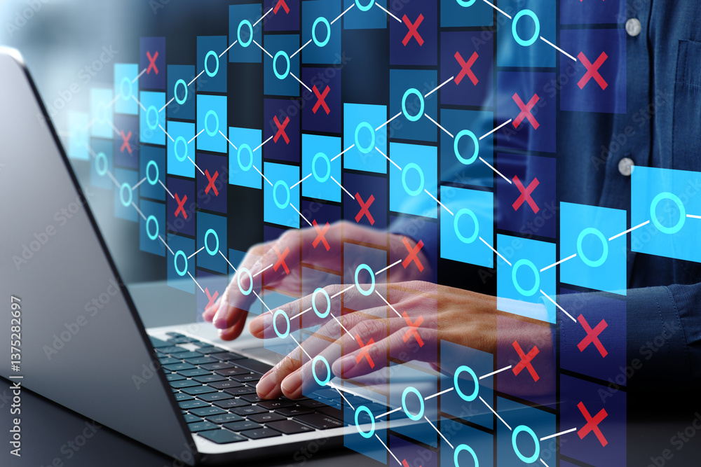Aufkleber Strategic thinking to find correct solution. Roadmap for achieving objectives. Engineer using laptop computer with trial and error approach.