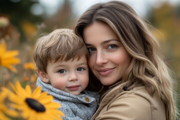 Obraz premium Playful Mother and Son Pose for a Portrait Outdoors, Generative AI