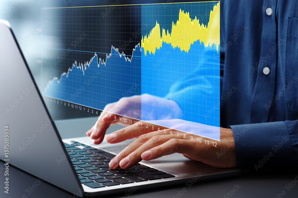 Aufkleber Predictive analytics of market trend. Demand prediction graph on dashboard. Analyst using laptop computer to analyze marketing data.