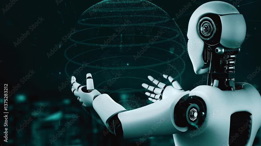 Poster internet connection controlled by ai robot huminoid and machine learning process to analyze data con