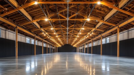 Fototapeta premium A panoramic shot of a loft-style roof with wooden beams and open rafters, showcasing the industrial aesthetic under a clear sky with room for copy.
