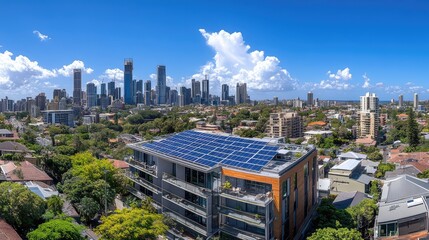 Fototapeta premium A panoramic view of a residential building with solar panels, captured in daylight with an expansive sky in the background and room for branding.