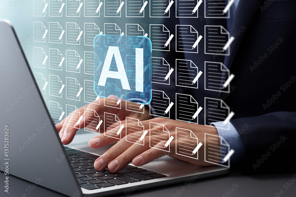 Poster Generative AI artificial intelligence generate text document and abstract papers. Businessman in suit typing on laptop computer keyboard at desk in office.