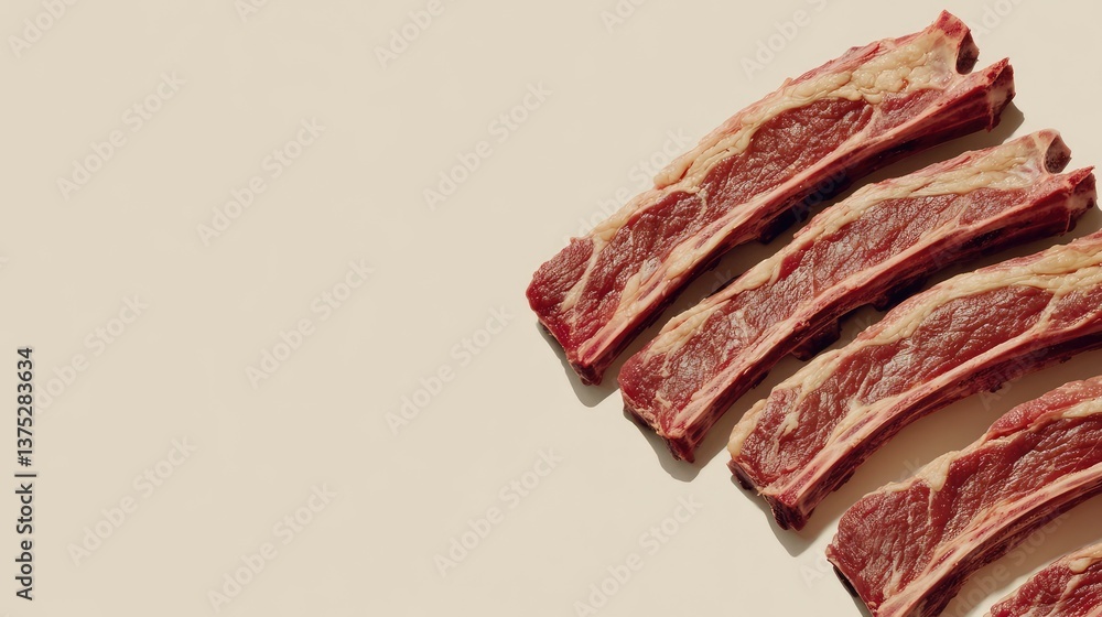 Aufkleber a selection of fresh cuts of beef ribs on a neutral background with ample space for logos or text.