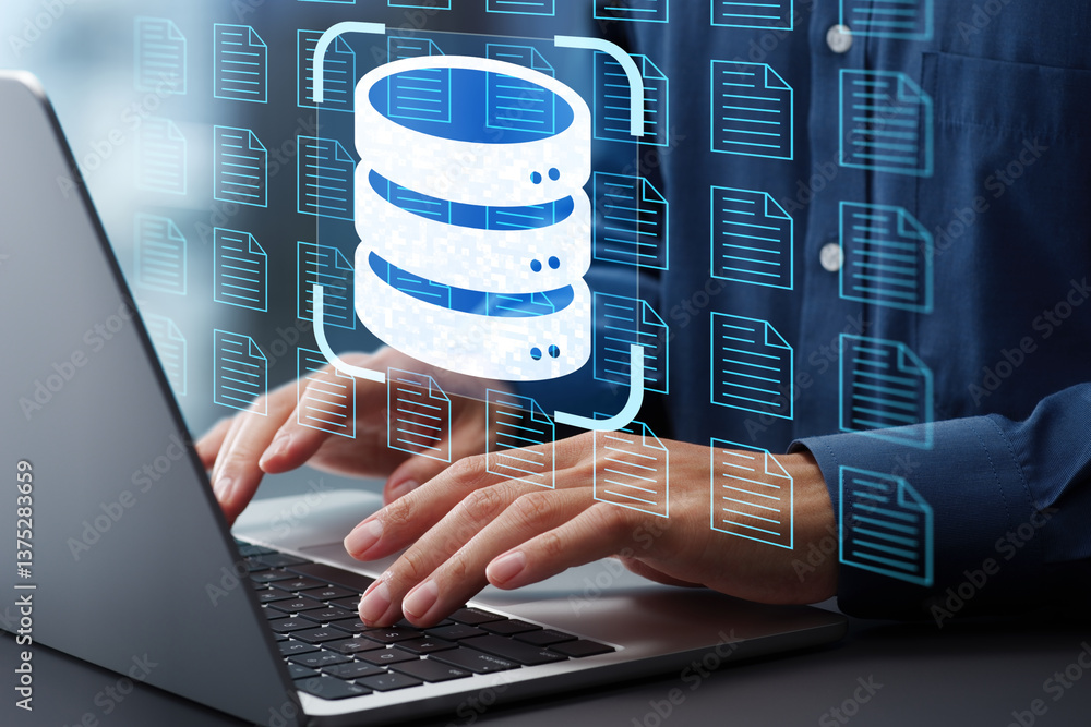 Aufkleber Document database technology and system. Many files in data server. Businessman typing on laptop computer keyboard at desk in office.