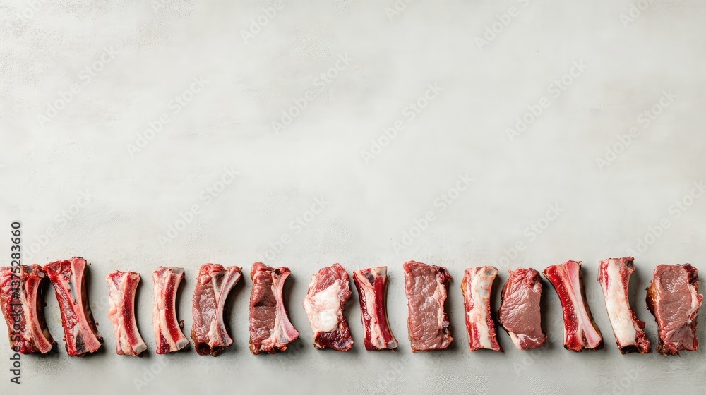 Poster a selection of fresh cuts of beef ribs on a neutral background with ample space for logos or text.