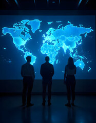 business people on the world Global business people silhouette team network abstract map.