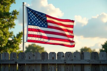 Fototapeta premium American flag waving in the wind on a brown wooden fence, rustic, flag