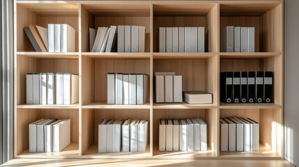 Organized books and folders on a shelf, showcasing simplicity and order in a minimalist workspace.