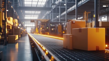 Obraz premium A side view of a conveyor belt in a large warehouse, with industrial equipment in the background, leaving room for copy or logos.