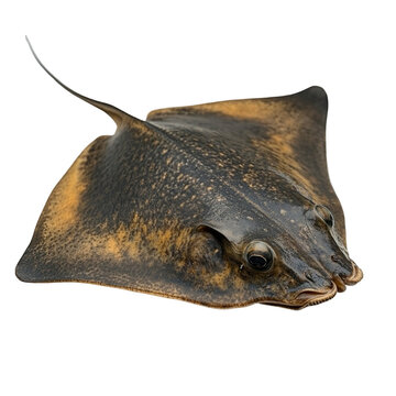 Angled view full body shot of extremely perfect looking single Xingu River Ray fish isolated on a white transparent background