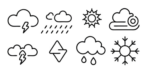 Weather icon set with sun, clouds, rain, and storm symbols