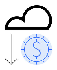 Cloud with downward arrow above dollar coin symbolizing online transactions, digital savings, and downloading financial data. Ideal for finance, technology, cloud computing, cost saving, e-commerce