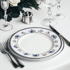 Elegant fine dining table with crystal glassware, silver cutlery, and candlelight, romantic evening ambiance in luxury restaurant, watercolor style