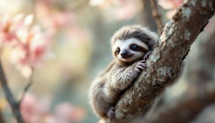 Naklejka premium Cute Baby Sloth Resting on a Tree Branch with Pink Blossoms