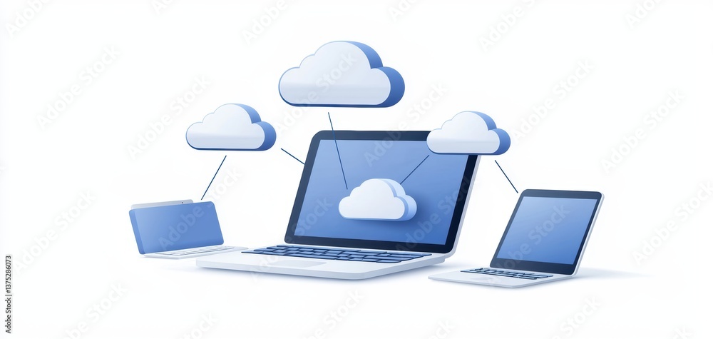 Poster digital file sharing across multiple devices, icons and cloud links connecting laptops and phones, w