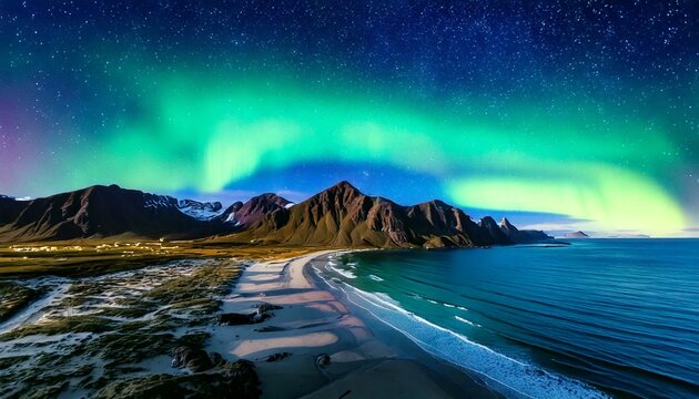 Northern Lights (Aurora Borealis) with starry sky at the beach, drone shot, Flakstad, Lofote