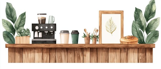 Cozy cafe interior with latte art, pastries, warm wooden decor and bookshelf corner, peaceful atmosphere, watercolor style