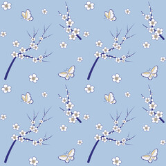 Seamless pattern with plum blossom and butterfly on light blue background. Floral Chinese wallpaper. Oriental vibes illustration. Chinoiserie design.