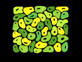 Pattern of uneven spots of rounded shape. Water drops. Spots of different shades of green, yellow. Form rectangle. Isolated on black background. Each shape has white highlight. Drawing with felt tip.