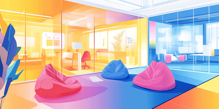 Dynamic Work Environment: Innovative Office Space with Casual Seating and Glass Walls in Bold Colors

