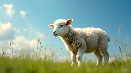 Fototapeta premium Cute lamb standing in a sunny green field