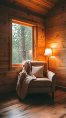 Fototapeta premium cozy reading corner with blanket and lamp in wooden room