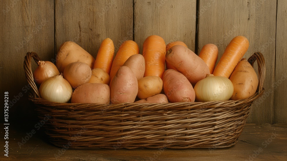 Poster a variety of fresh root vegetables like carrots, sweet potatoes, and onions stored in an open wicker
