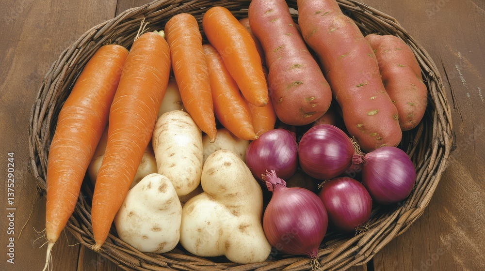 Poster a variety of fresh root vegetables like carrots, sweet potatoes, and onions stored in an open wicker