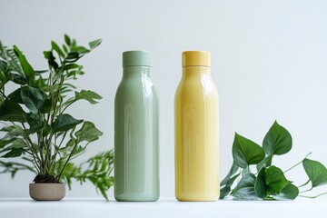 Two Pastel Water Bottles with Indoor Plants on White Surface