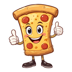 Cheerful vector pizza slice cartoon character giving a thumbs up, PNG style.