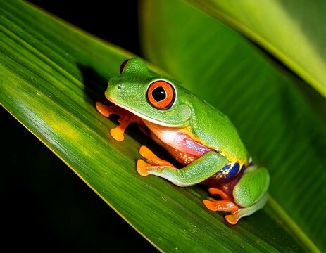Tree climbing frog species (Boophis pyrrhus) sits on leaf,