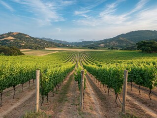 Fototapeta premium Lush vineyard rows stretch across rolling hills under a clear blue sky during late afternoon in a picturesque countryside landscape