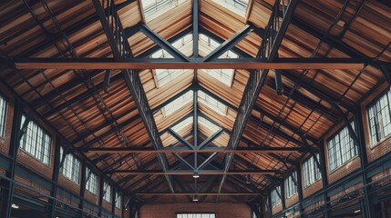 A wide-angle shot of a loft-style roof, capturing the spacious, open design with wooden beams and steel rafters, leaving ample room for text.