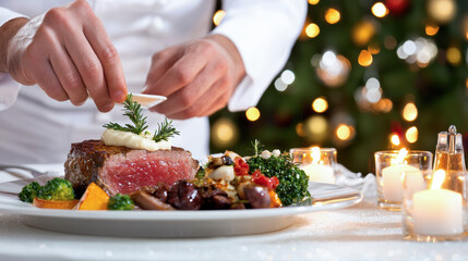 A chef garnishes a beautifully plated steak dish, set against a festive, softly lit background with candles and holiday decorations.