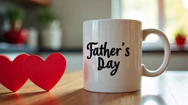Cup with Father's Day inscription and red hearts on table, Father's Day greeting concept