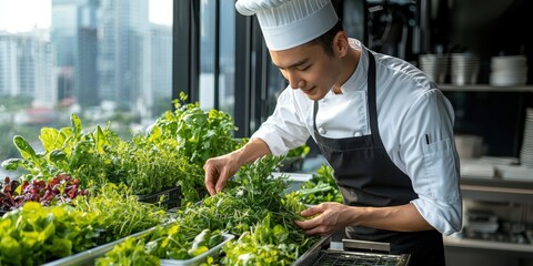 A chef carefully selects fresh herbs and greens in a modern kitchen, showcasing culinary expertise and a commitment to quality ingredients.