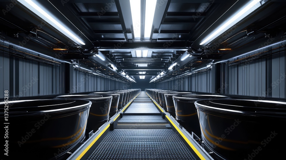 Poster a wide-angle view of a bucket conveyor system, with clean space above for branding or copy.