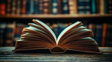 A book is open on a table with a shelf behind it