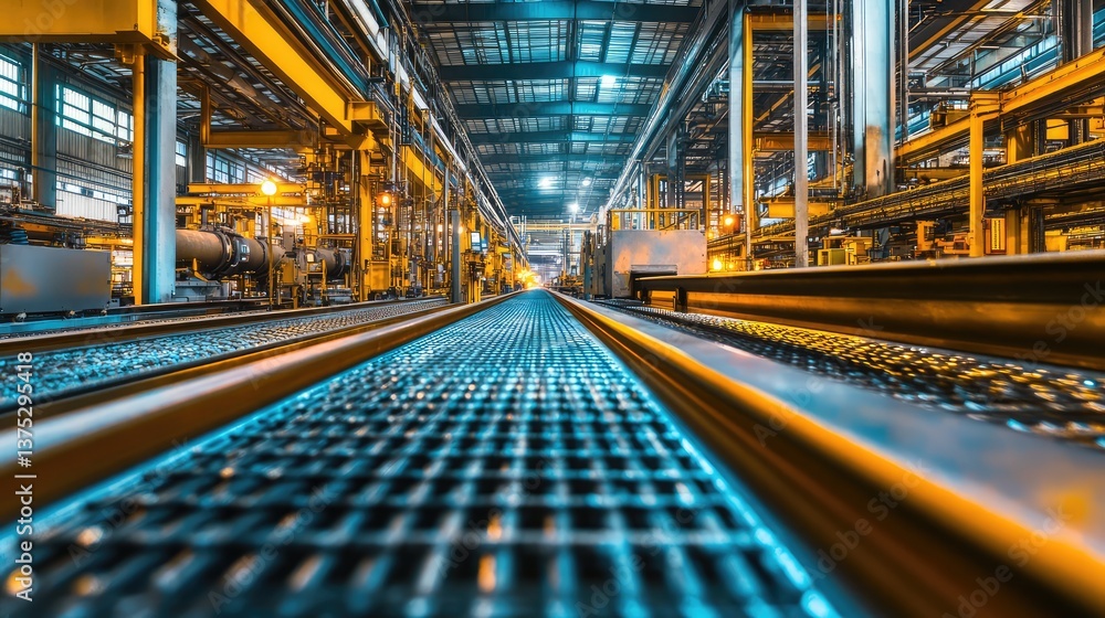 Poster a wide-angle view of a bucket conveyor system in a factory, with clear space above for copy or brand