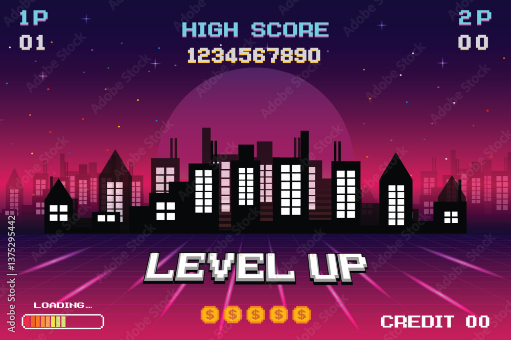 Poster level up. press start button. pixel art .8 bit game for game assets in vector illustrations. retro f