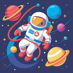 Colorful Cosmic Scene with a Floating Cartoon Astronaut